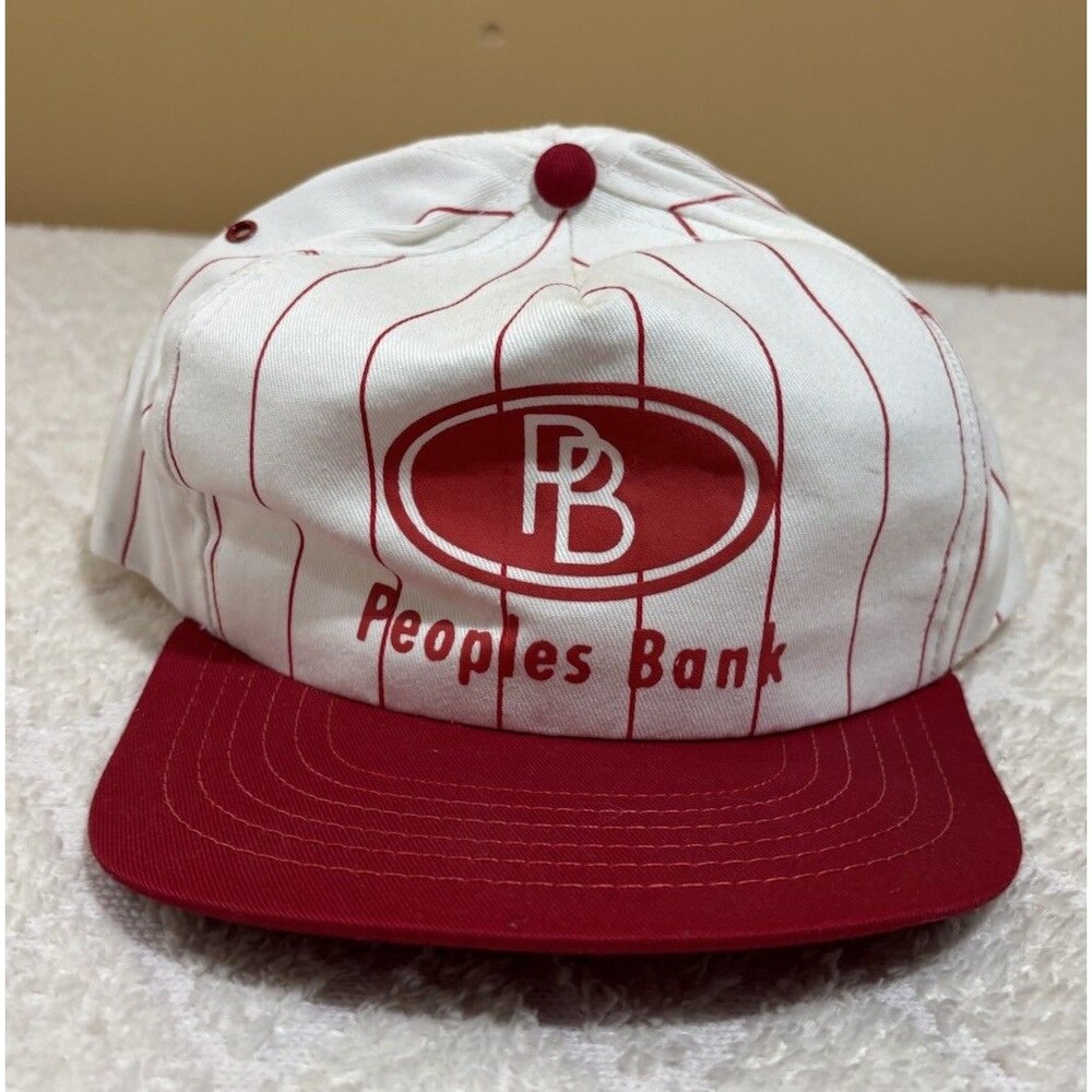 Vintage 80s Peoples Bank Red Pinstripes USA Made Mesh Trucker Hat Adjustable